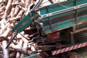 ​Ponte cede e encalha caminho carregado de madeira no Turvinho
