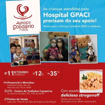 ​Acontece domingo Almoo Solidrio em prol ao Gpaci
