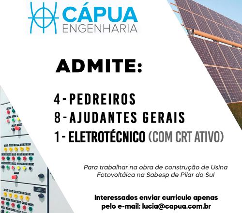 Empresa admite 8 ajudantes, 4 pedreiros e 1 tcnico eletrotcnico