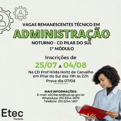 ​Etec abre inscries para vagas remanescentes do Curso Tcnico em Administrao