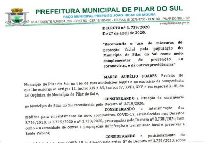 ​Novo decreto municipal recomenda o uso de mscaras em Pilar do Sul